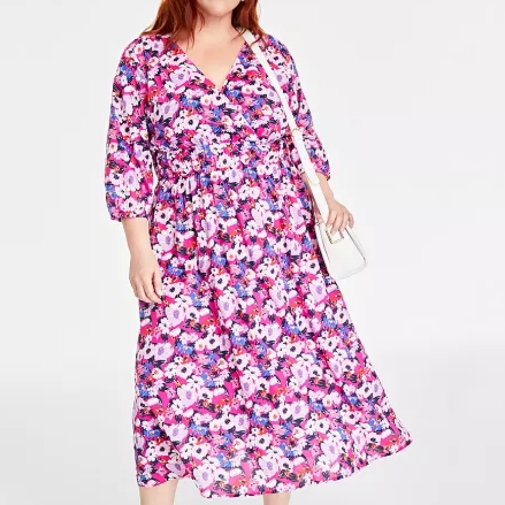 ON 34TH pink floral Trendy Plus Size Printed Blouson-Sleeve Cotton Midi Dress XL